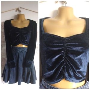 Gothic Velvet Ruched Long Sleeve Crop Top-Size S